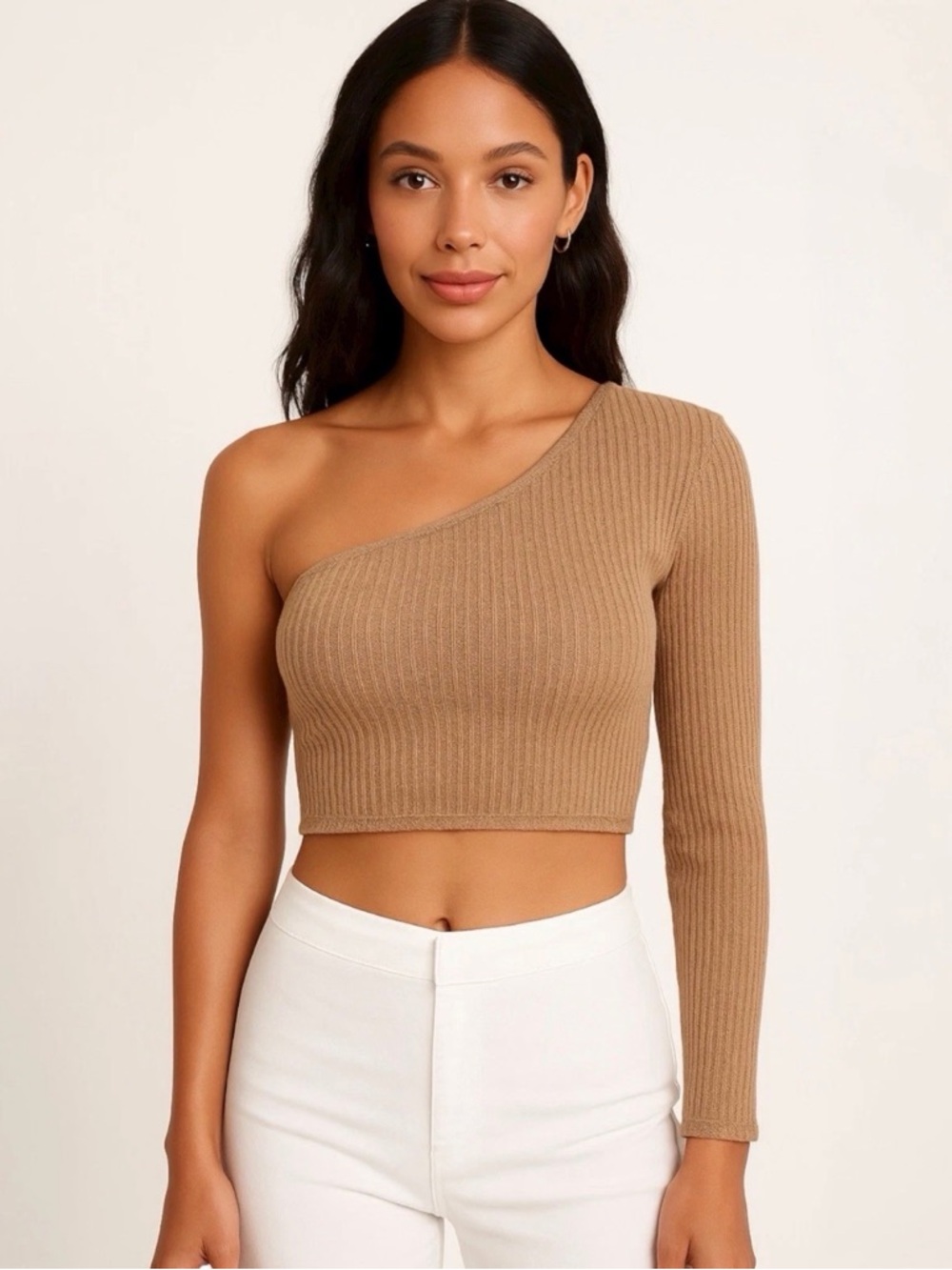 Shein Ribbed One-Shoulder Long Sleeve Crop Top – Tan | Size XS